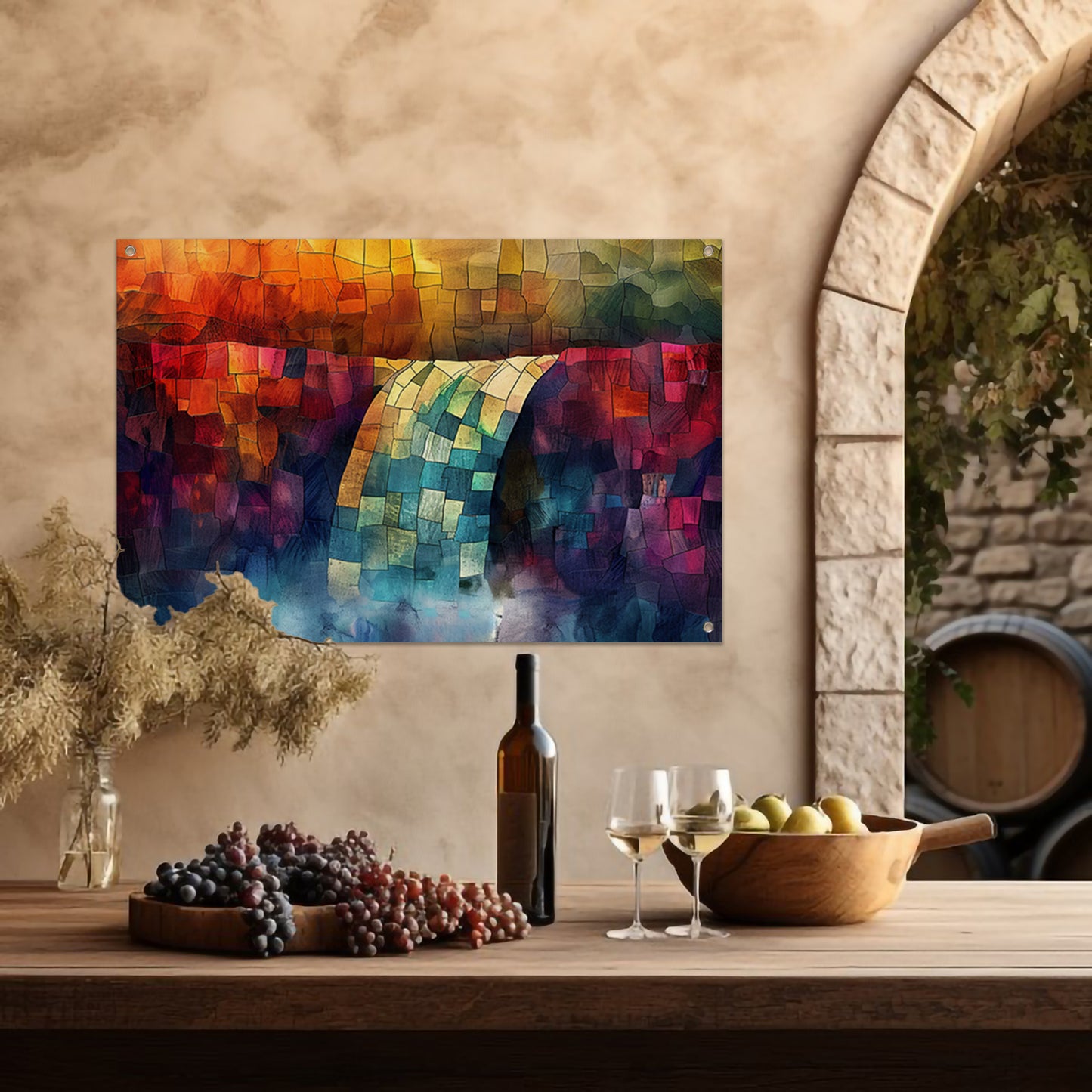 Kleurrijke digitale mozaïek waterval kunst tuinposter