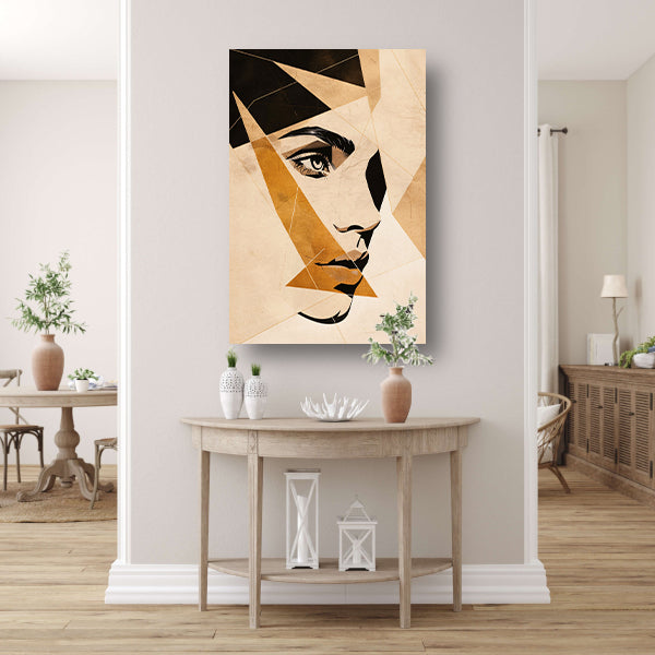 Abstract Gezicht in Geometrische Sepia Tinten canvas met baklijst