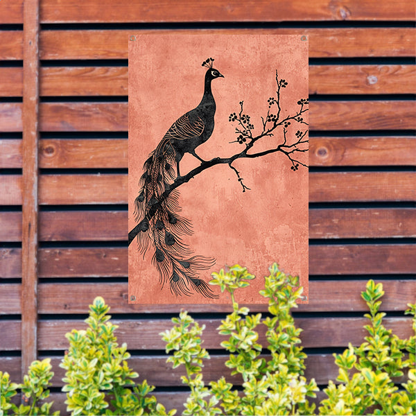 Elegante minimalistische pauw op een tak tuinposter