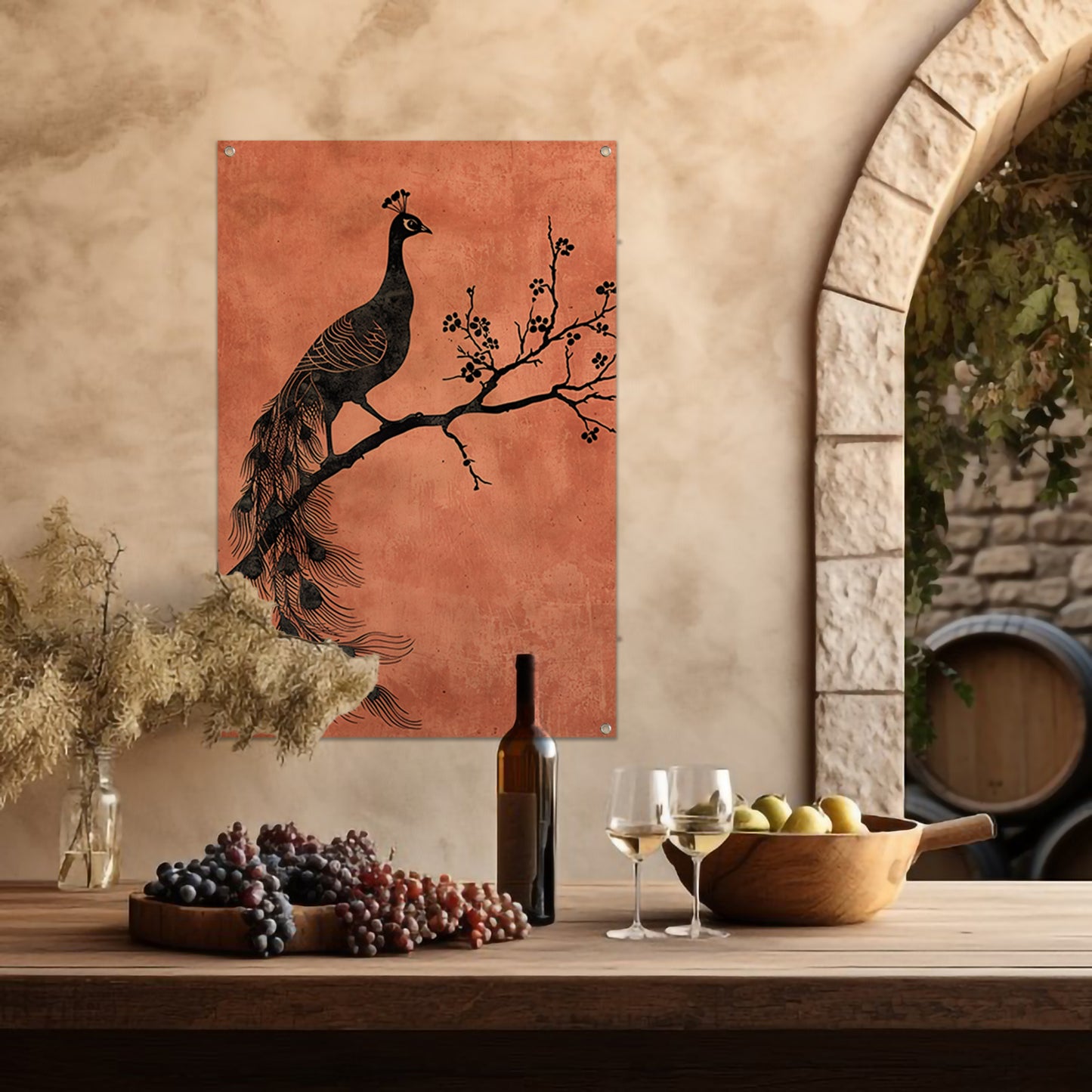 Elegante minimalistische pauw op een tak tuinposter
