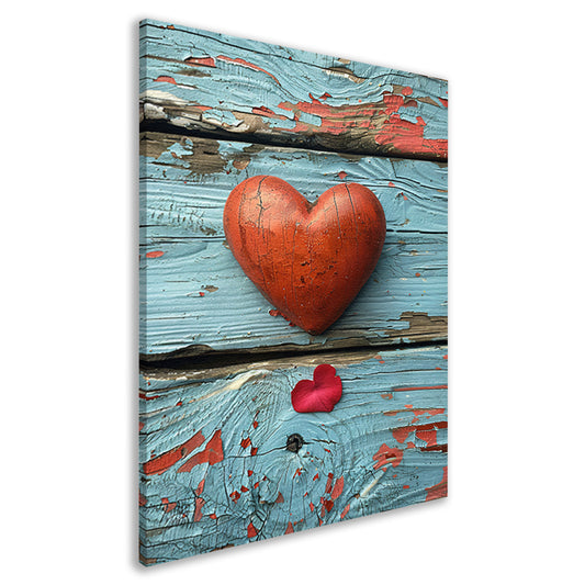 Houten Hart en Rozenblaadje op Verweerd Hout canvas
