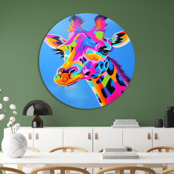 Kleurrijk en opvallend giraffe popart schilderij aluminium muurcirkel