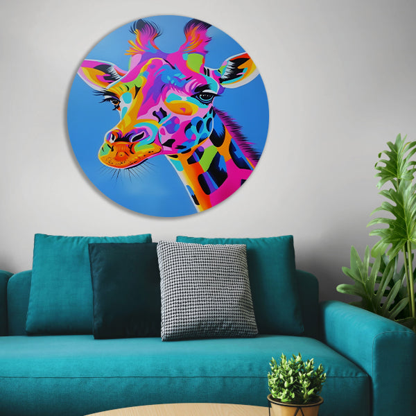 Kleurrijk en opvallend giraffe popart schilderij aluminium muurcirkel