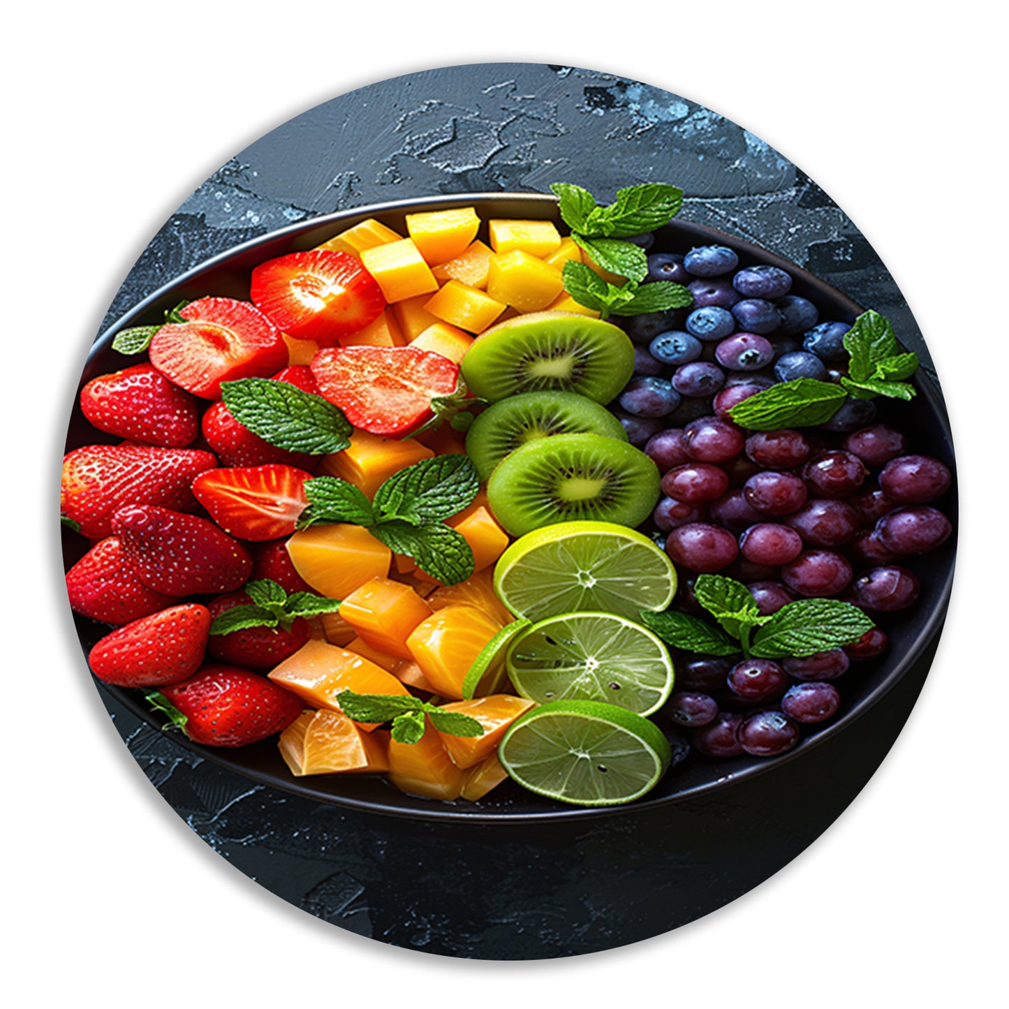 Kleurrijk fruitschaal met muntblaadjes aluminium muurcirkel