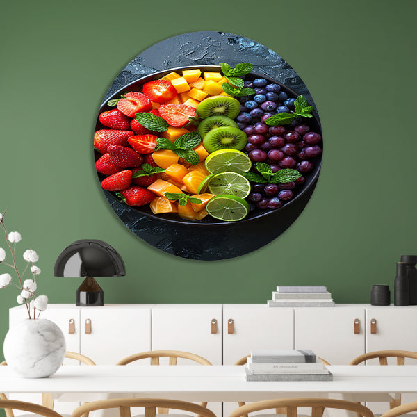 Kleurrijk fruitschaal met muntblaadjes aluminium muurcirkel