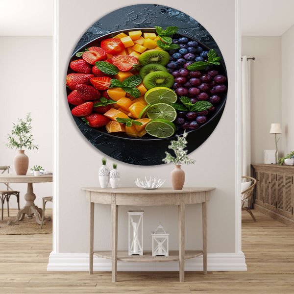 Kleurrijk fruitschaal met muntblaadjes aluminium muurcirkel