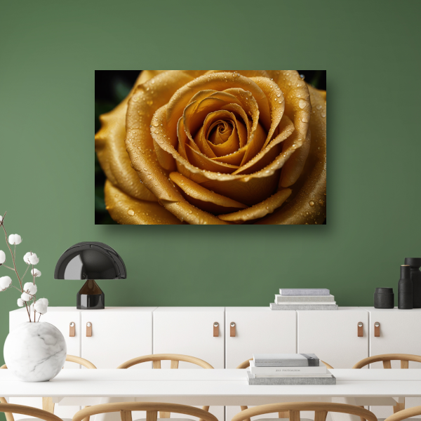 Gouden Roos met Dauw op Zwarte Achtergrond poster