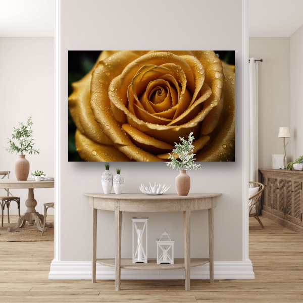 Gouden Roos met Dauw op Zwarte Achtergrond poster
