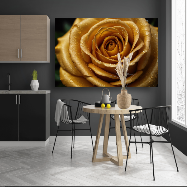 Gouden Roos met Dauw op Zwarte Achtergrond poster
