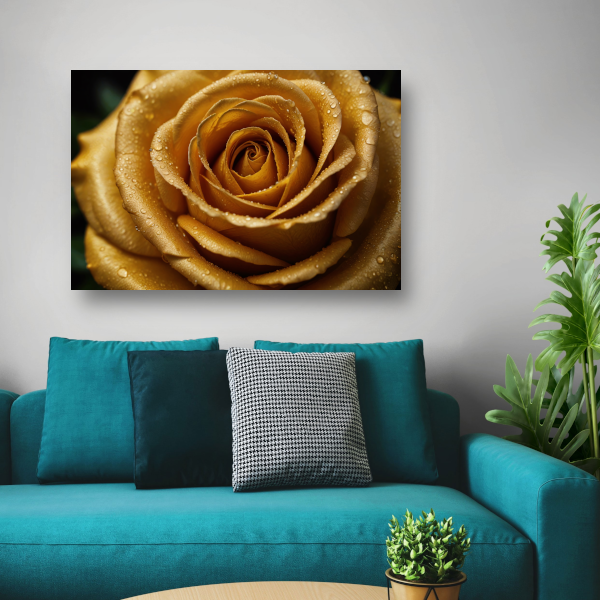 Gouden Roos met Dauw op Zwarte Achtergrond poster