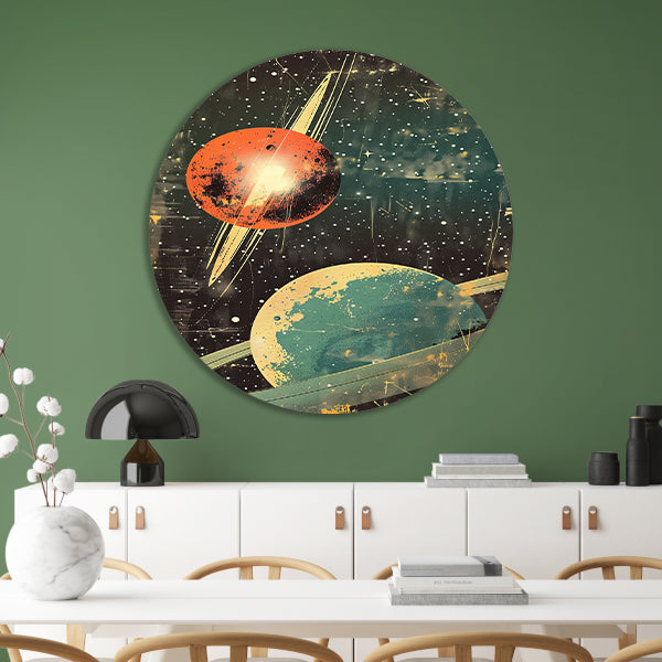 Retro-futuristische Planeten in Sterrenhemel aluminium muurcirkel