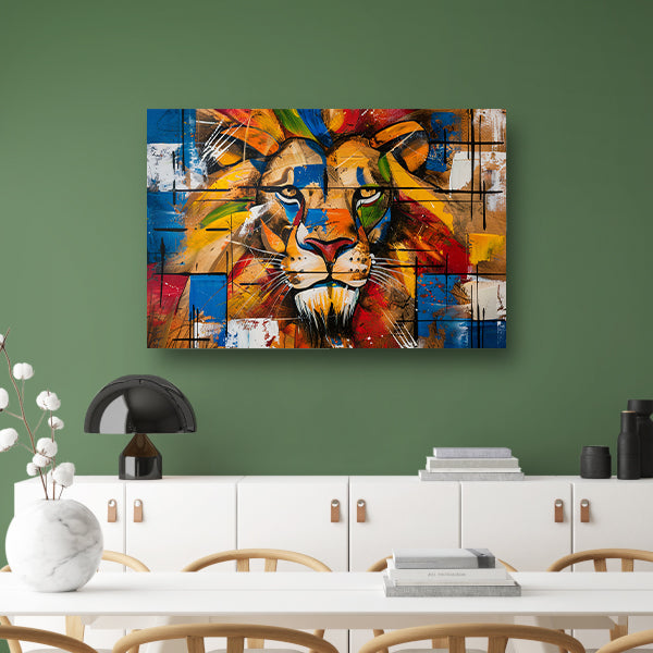 Kleurrijk abstract schilderij van een leeuw canvas met baklijst