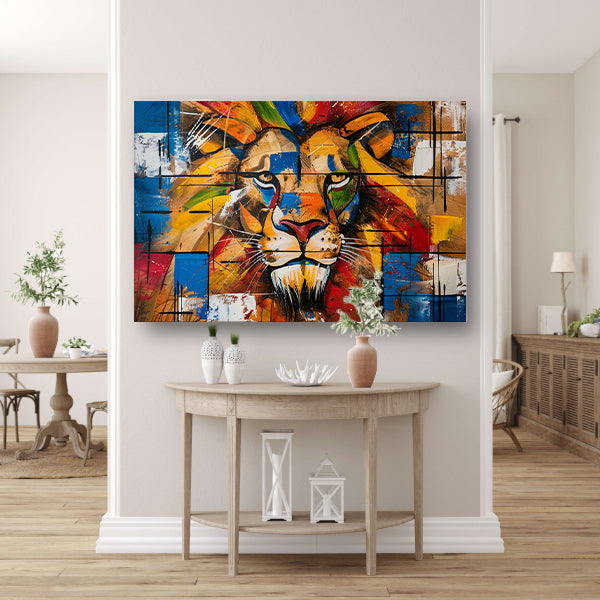 Kleurrijk abstract schilderij van een leeuw acrylglas