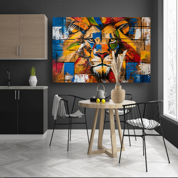 Kleurrijk abstract schilderij van een leeuw acrylglas