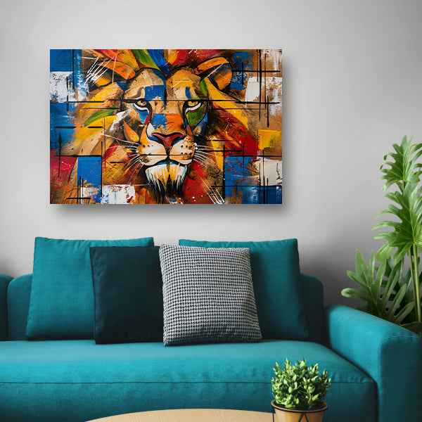 Kleurrijk abstract schilderij van een leeuw acrylglas