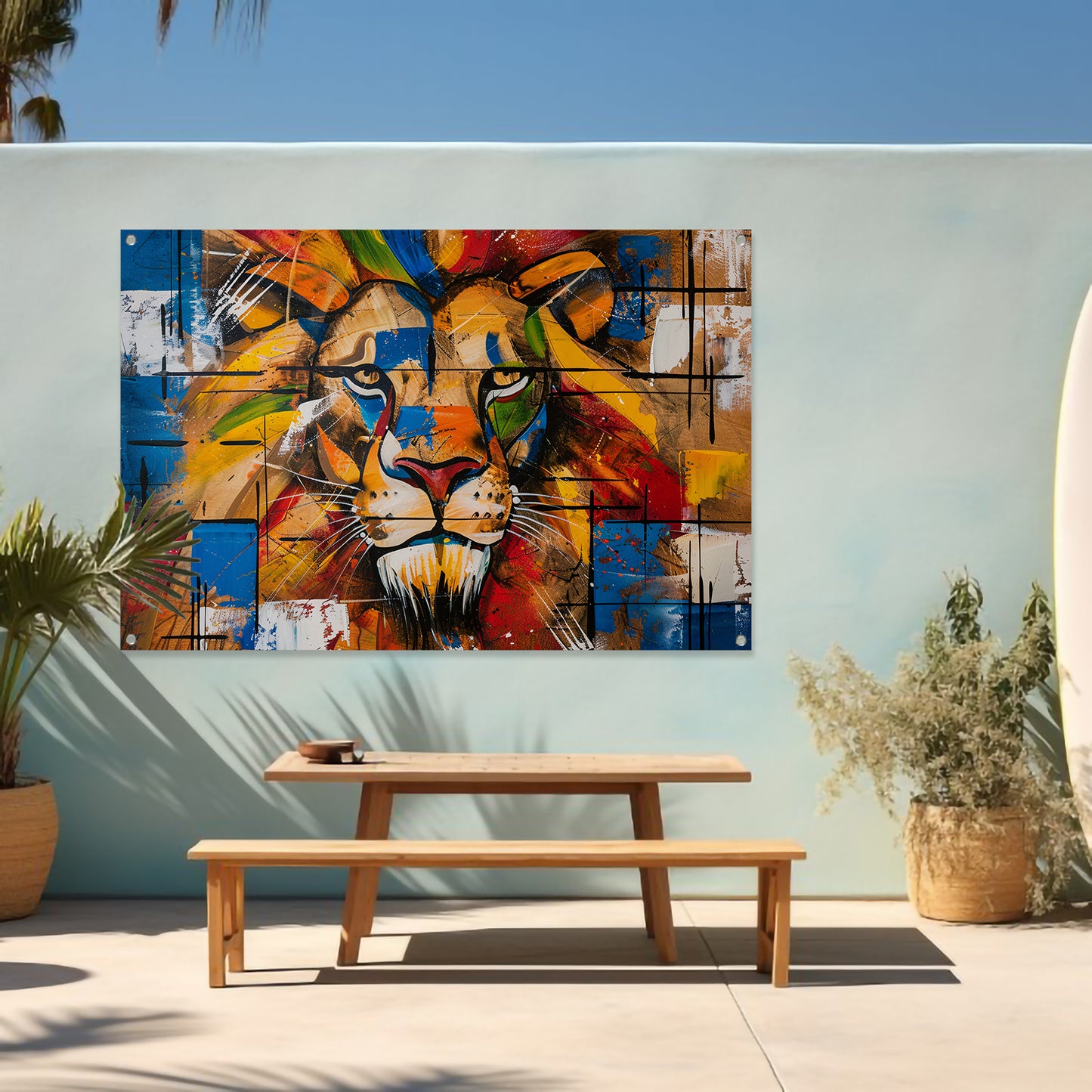 Kleurrijk abstract schilderij van een leeuw tuinposter