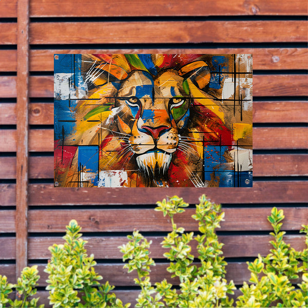 Kleurrijk abstract schilderij van een leeuw tuinposter