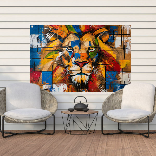 Kleurrijk abstract schilderij van een leeuw tuinposter