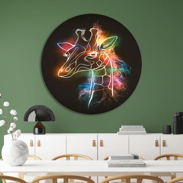 Abstracte Nevelige Kleurrijke Giraffe Lijnkunst aluminium muurcirkel