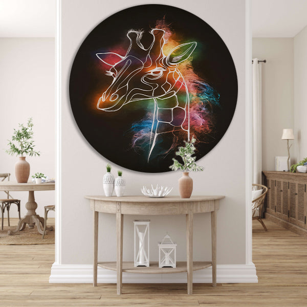 Abstracte Nevelige Kleurrijke Giraffe Lijnkunst aluminium muurcirkel