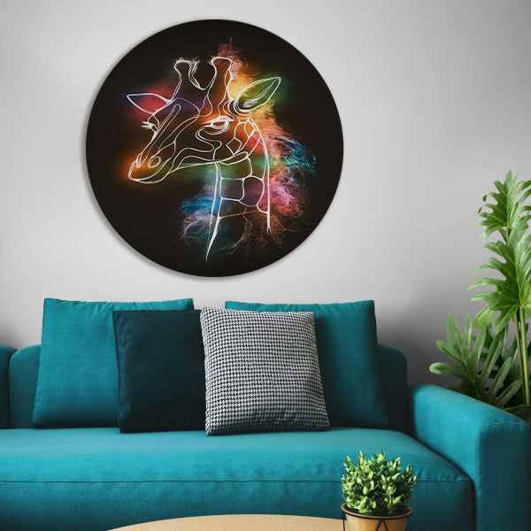 Abstracte Nevelige Kleurrijke Giraffe Lijnkunst aluminium muurcirkel