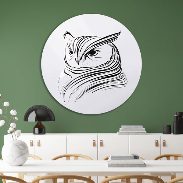 Minimalistische zwart-witte uil lijntekening aluminium muurcirkel