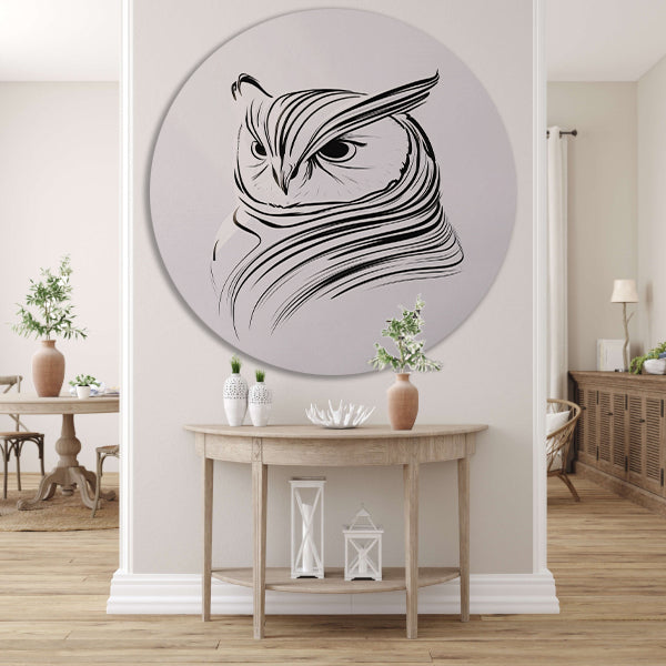 Minimalistische zwart-witte uil lijntekening aluminium muurcirkel