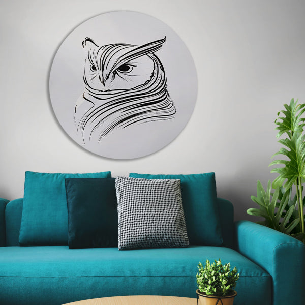 Minimalistische zwart-witte uil lijntekening aluminium muurcirkel