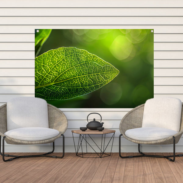 Gedetailleerde close-up van een groen blad tuinposter