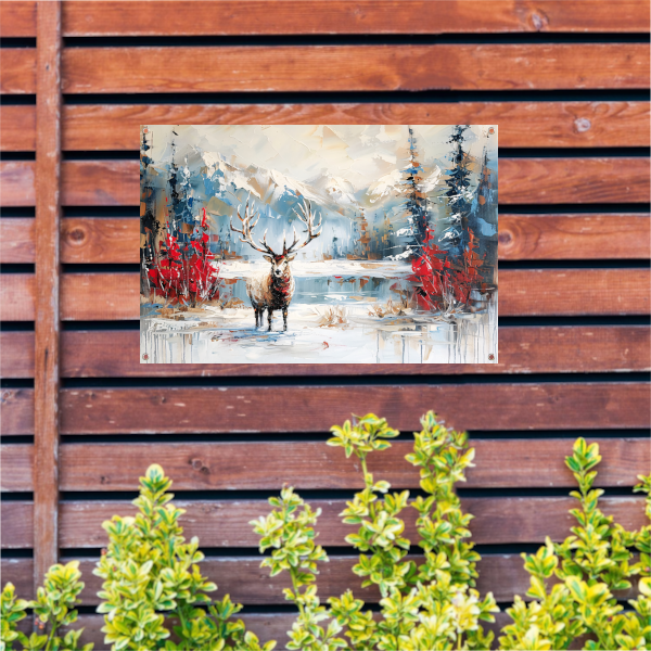 Expressief hert in winterlandschap schilderij tuinposter