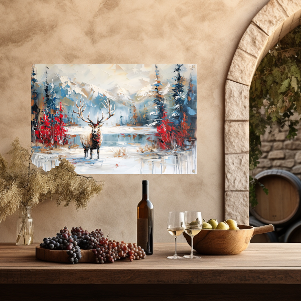 Expressief hert in winterlandschap schilderij tuinposter
