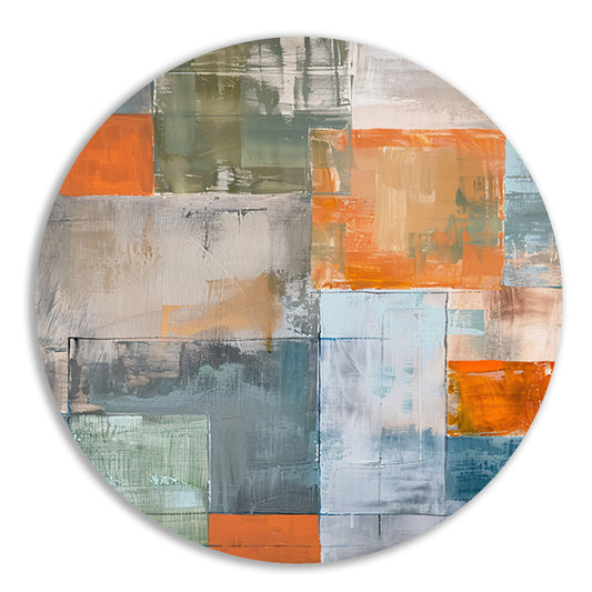 Abstract geometrisch schilderij met kleurblokken aluminium muurcirkel