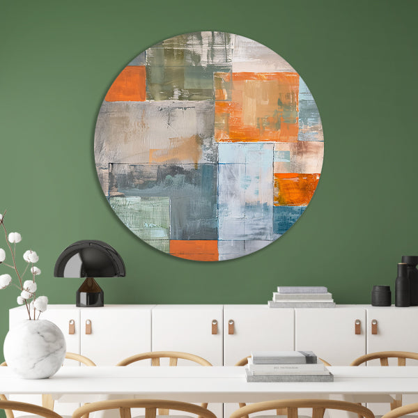 Abstract geometrisch schilderij met kleurblokken aluminium muurcirkel