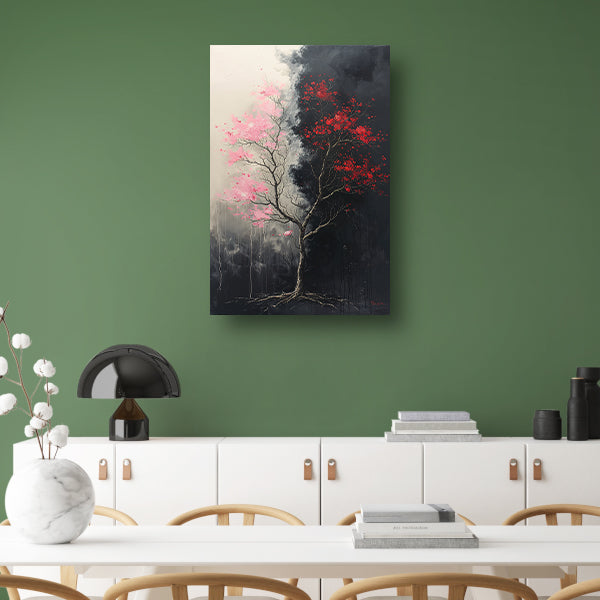 Abstract van boom met roze en rode bladeren poster