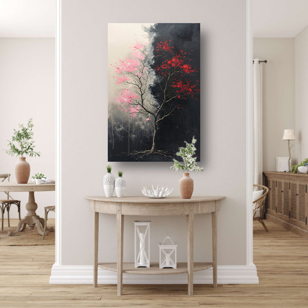 Abstract van boom met roze en rode bladeren poster