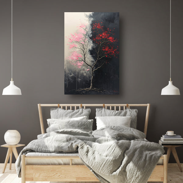 Abstract van boom met roze en rode bladeren canvas met baklijst