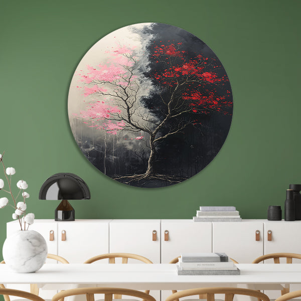 Abstract van boom met roze en rode bladeren aluminium muurcirkel