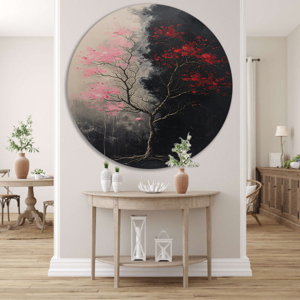 Abstract van boom met roze en rode bladeren aluminium muurcirkel