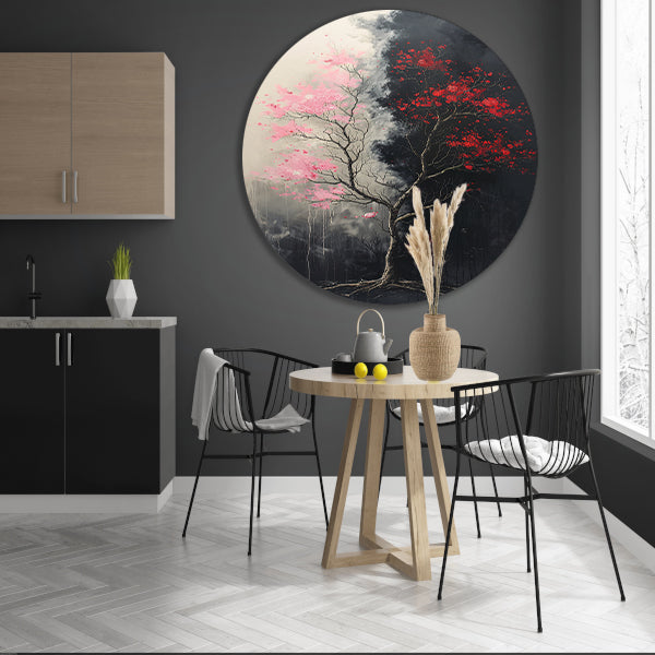 Abstract van boom met roze en rode bladeren forex muurcirkel