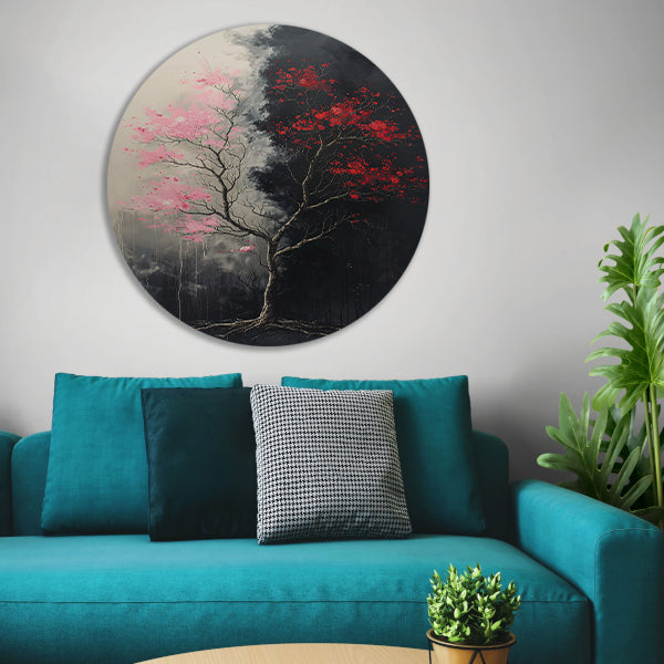 Abstract van boom met roze en rode bladeren forex muurcirkel