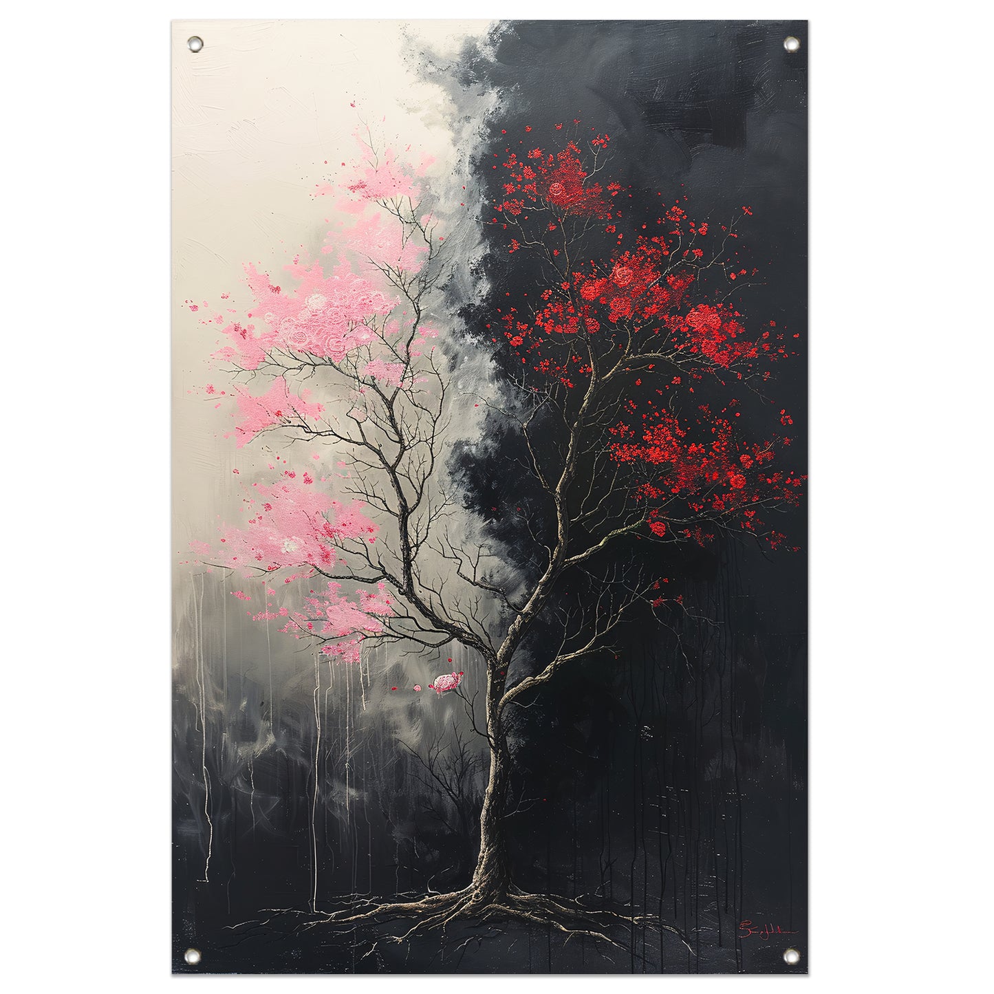 Abstract van boom met roze en rode bladeren tuinposter