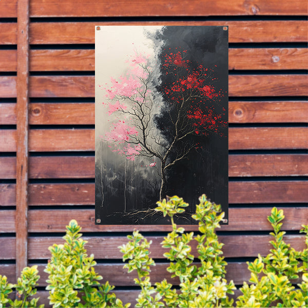Abstract van boom met roze en rode bladeren tuinposter