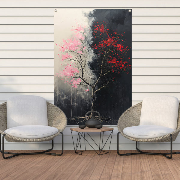 Abstract van boom met roze en rode bladeren tuinposter
