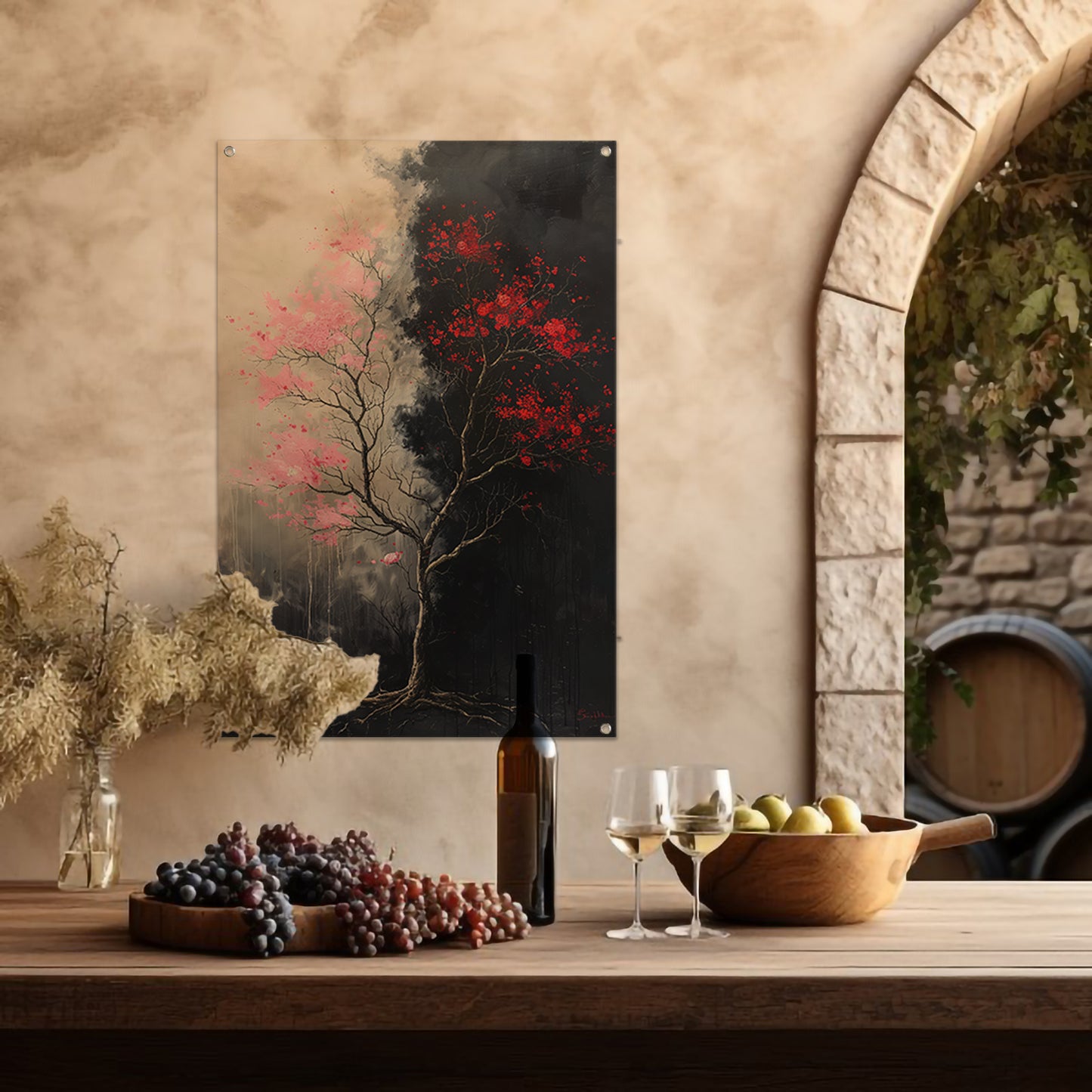 Abstract van boom met roze en rode bladeren tuinposter