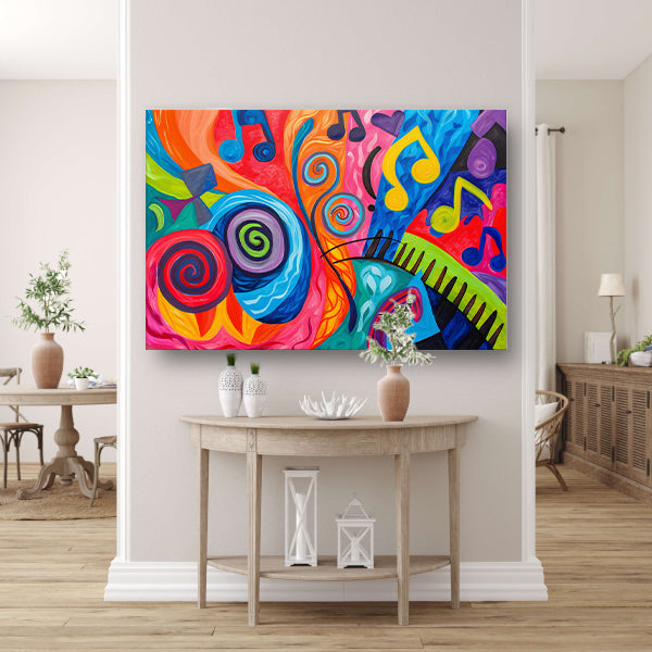 Kleurrijke abstracte kunst met muzieknoten canvas met baklijst