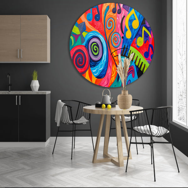 Kleurrijke abstracte kunst met muzieknoten aluminium muurcirkel