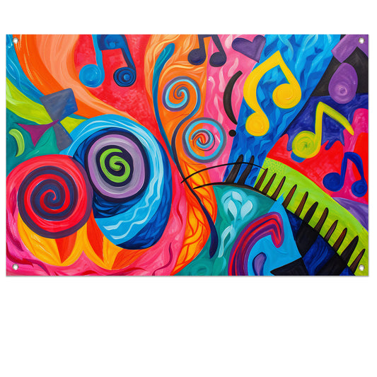 Kleurrijke abstracte kunst met muzieknoten tuinposter