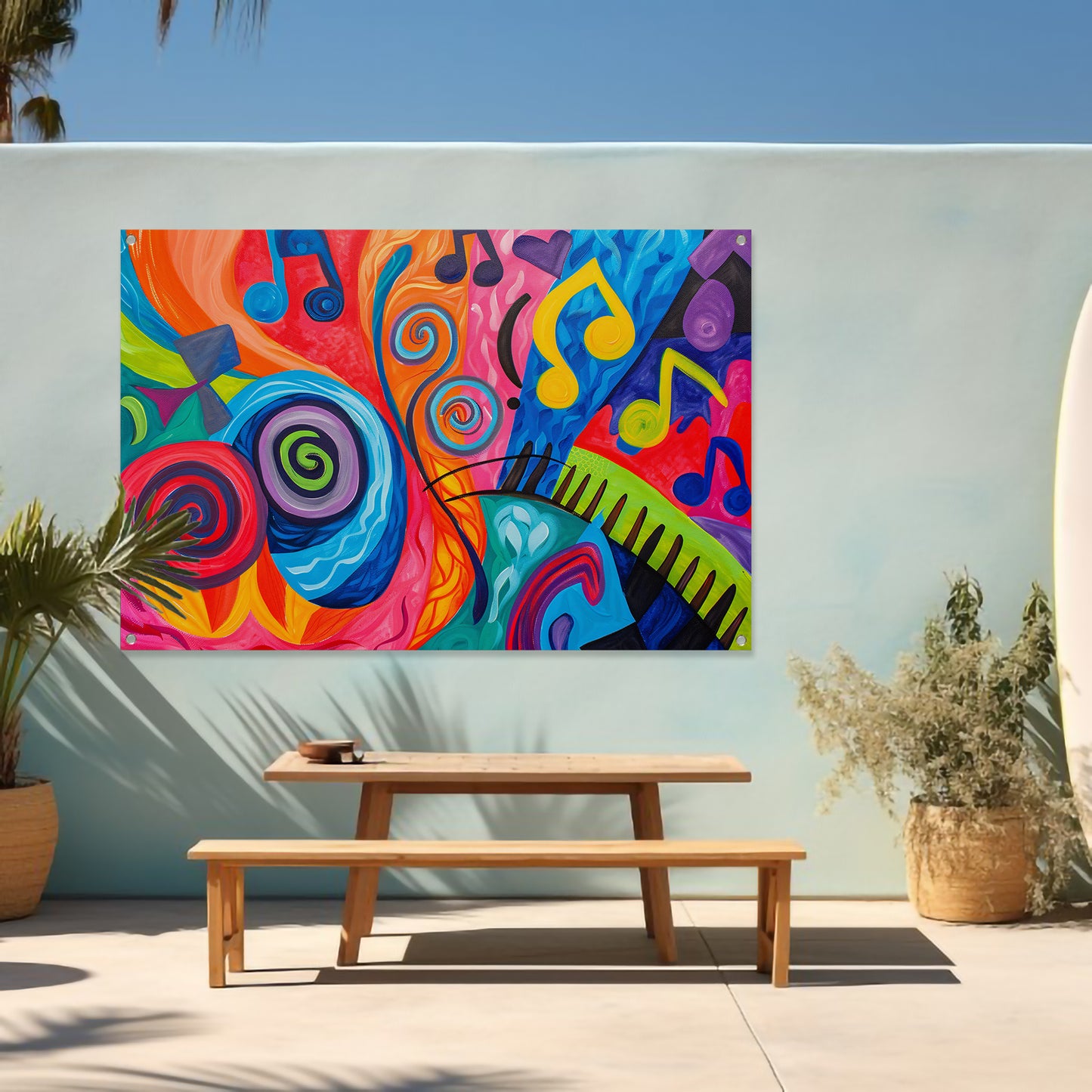 Kleurrijke abstracte kunst met muzieknoten tuinposter