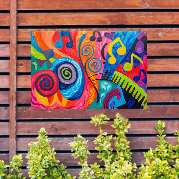 Kleurrijke abstracte kunst met muzieknoten tuinposter