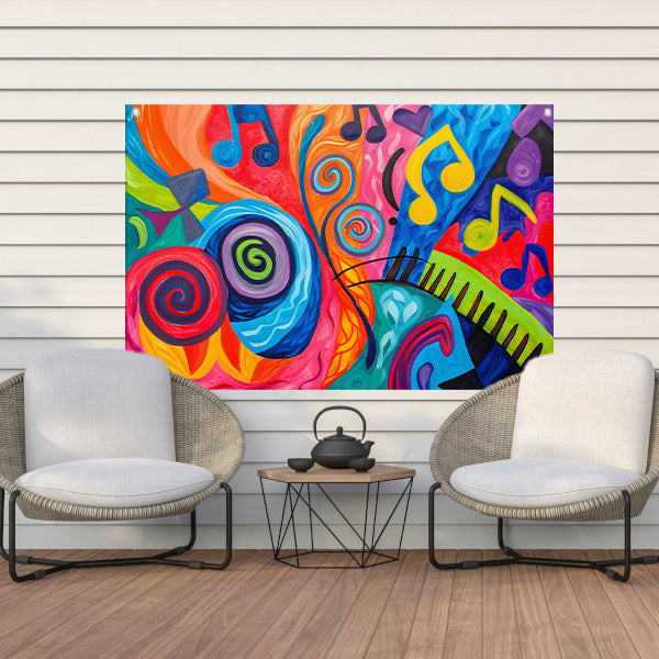 Kleurrijke abstracte kunst met muzieknoten tuinposter